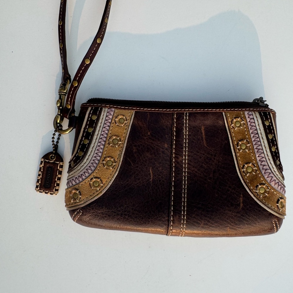 Coach Brown Leather Wristlet with Gold Accents